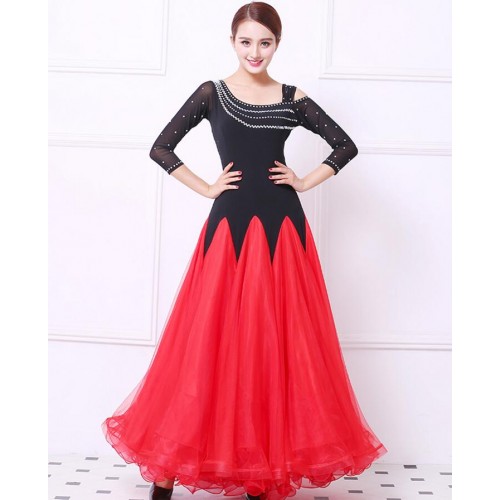 Custom size stones Ballroom Competition Dance Dress Women Tango Flamenco Dancing Costume Black red hot pink Waltz Ballroom Dresses